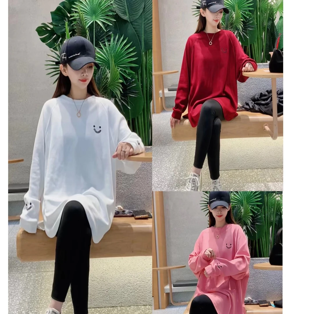 【思韩严选】秋季刺绣笑脸开叉休闲长袖T恤女时尚显瘦圆领 百搭上衣