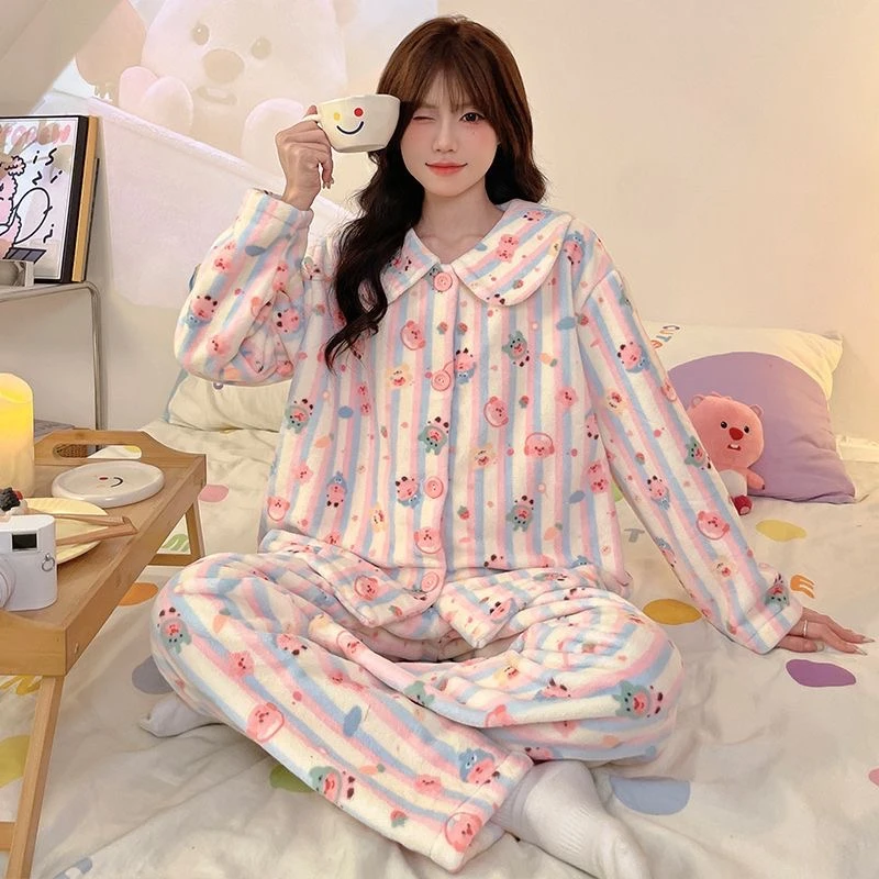 珊瑚绒睡衣女冬季天加绒加厚保暖大码可爱秋冬款法兰绒家居服套装