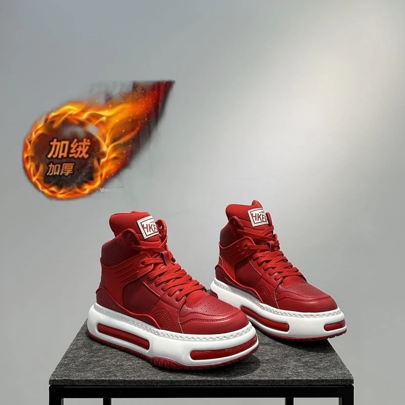 2024秋冬新款时尚百搭潮流高帮板鞋加绒保暖厚底增高休闲运动男鞋