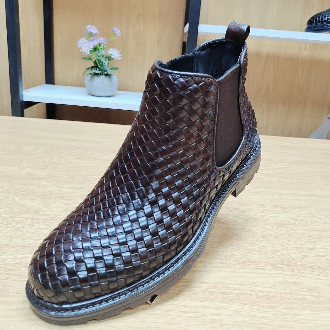 男士真皮小牛手工编织切尔西皮靴厚底休闲加绒短靴