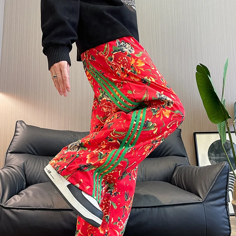 东北大花布裤子男女款秋季中国风条纹运动休闲裤直筒阔腿哈伦长裤