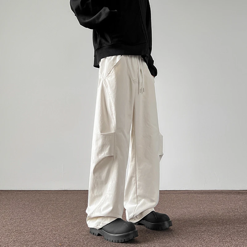 弯刀工装裤男款春秋痞帅宽松直筒美式高街褶皱潮流阔腿青少年长裤