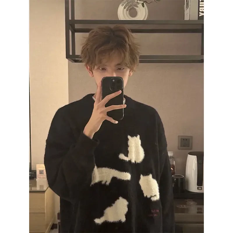 美式复古猫咪提花毛衣针织衫男春秋潮牌松弛感慵懒线衣外套