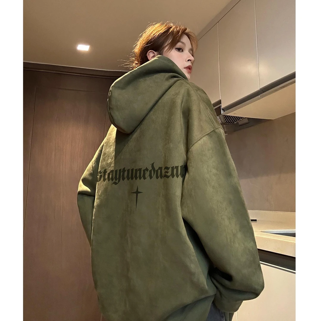 麂皮绒字母烧花卫衣男款秋季潮牌重磅硬挺连帽衫美式复古情侣外套