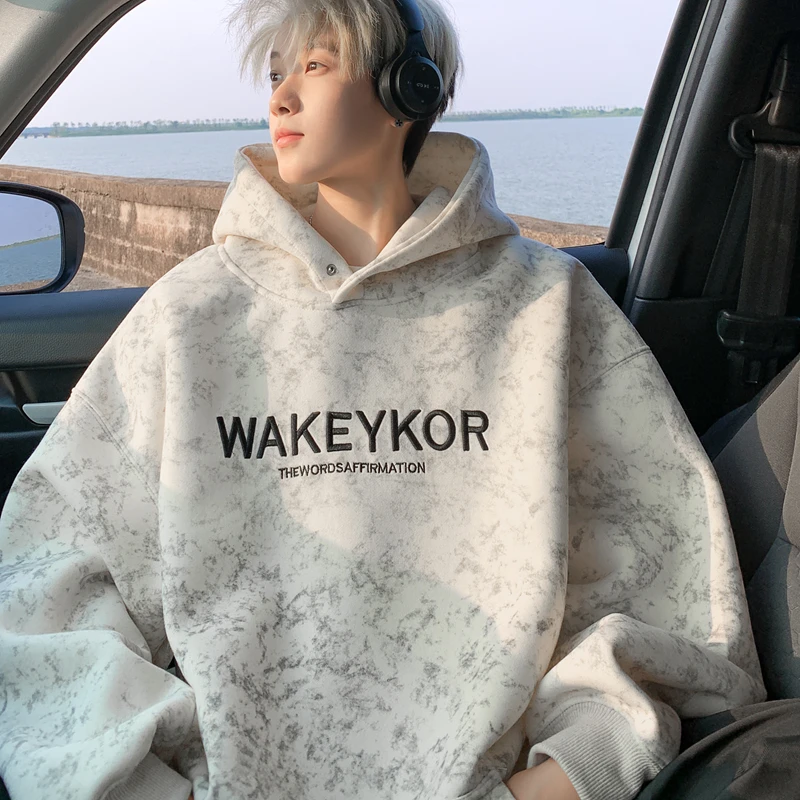 美式重磅扎染脏脏刺绣连帽卫衣男冬季潮牌高级感宽松休闲复古外套