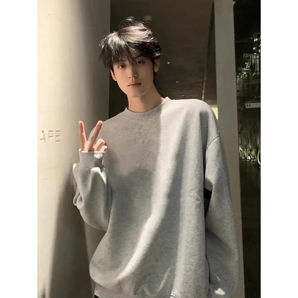 浅灰色重磅圆领中山卫衣男秋冬款美式潮牌大码宽松情侣百搭外套