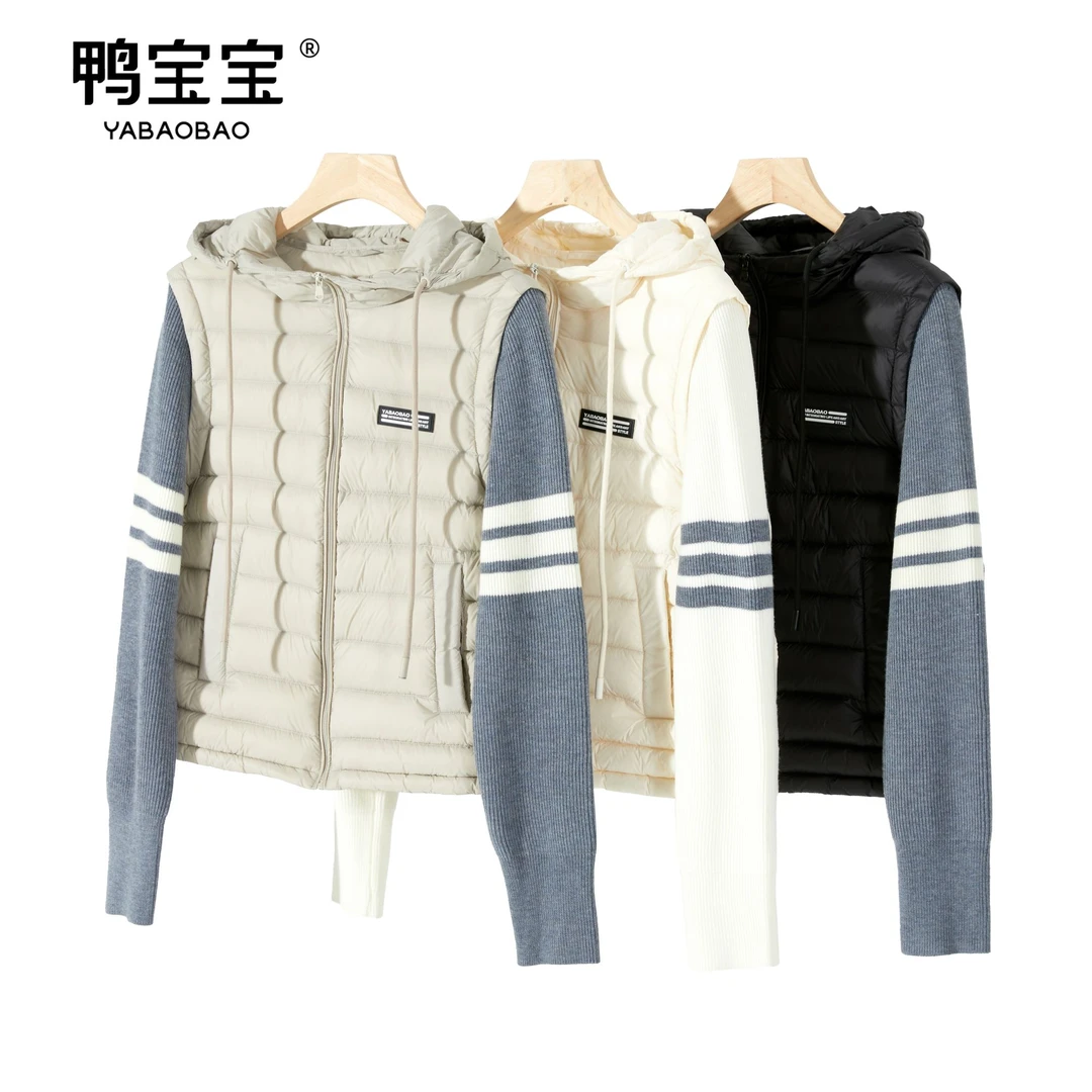 鸭宝宝女款轻薄拼接针织连帽时尚显瘦百搭羽绒服YA4036Y002T6-MDD