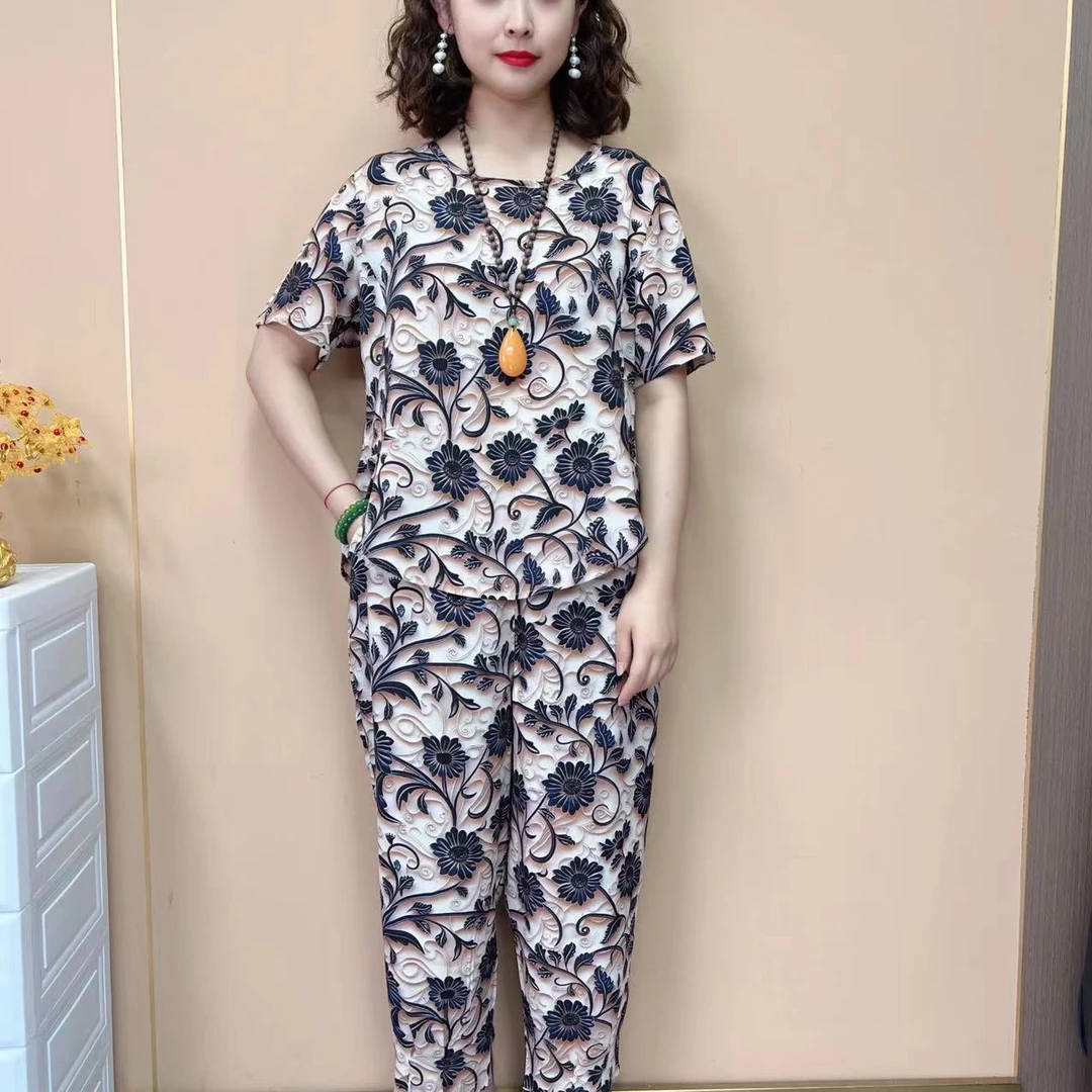 #127套装夏季新款中老年女装宽松显瘦时尚妈妈装休闲两件套