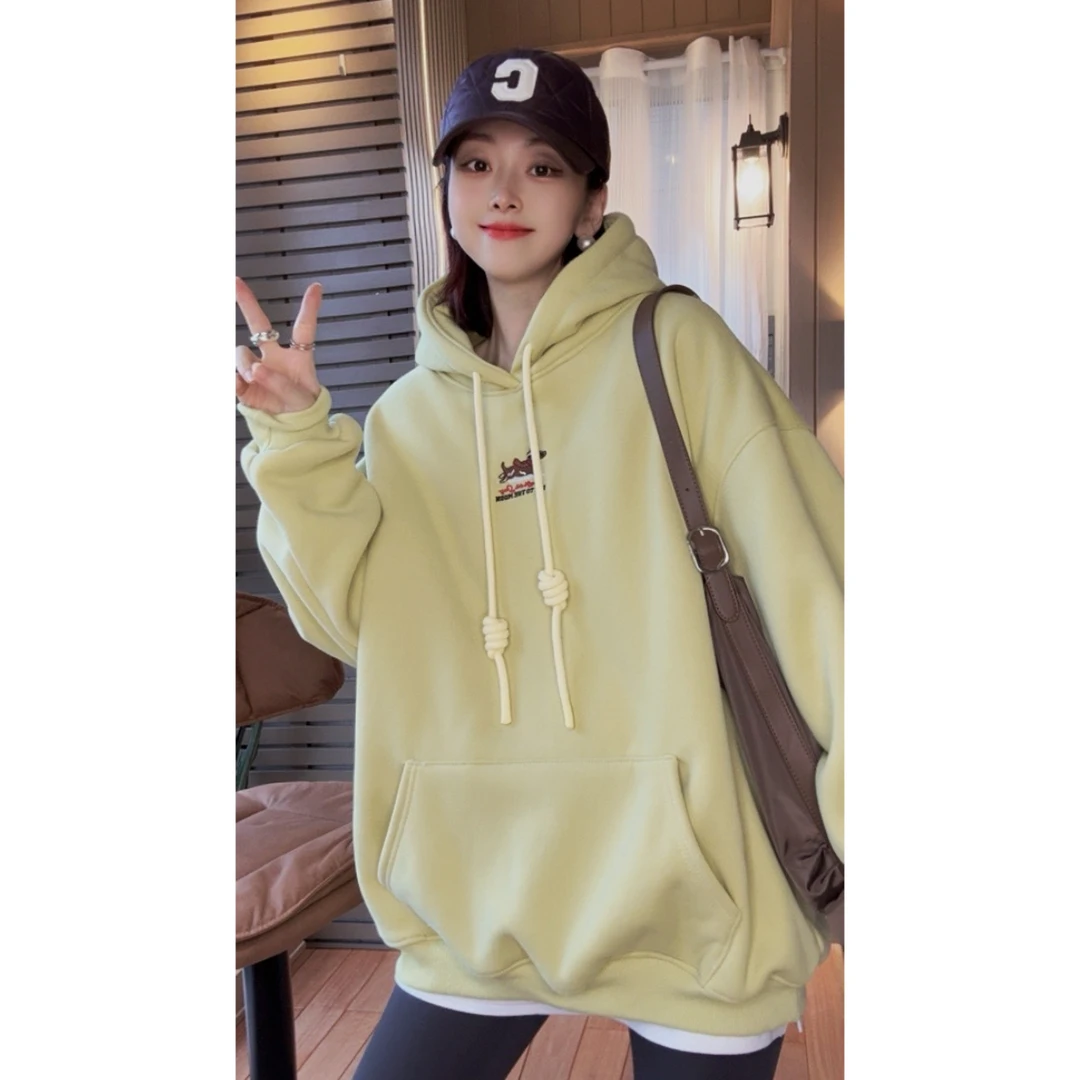 加厚羊羔绒连帽宽松套头刺绣卫衣2024慵懒风卫衣1063