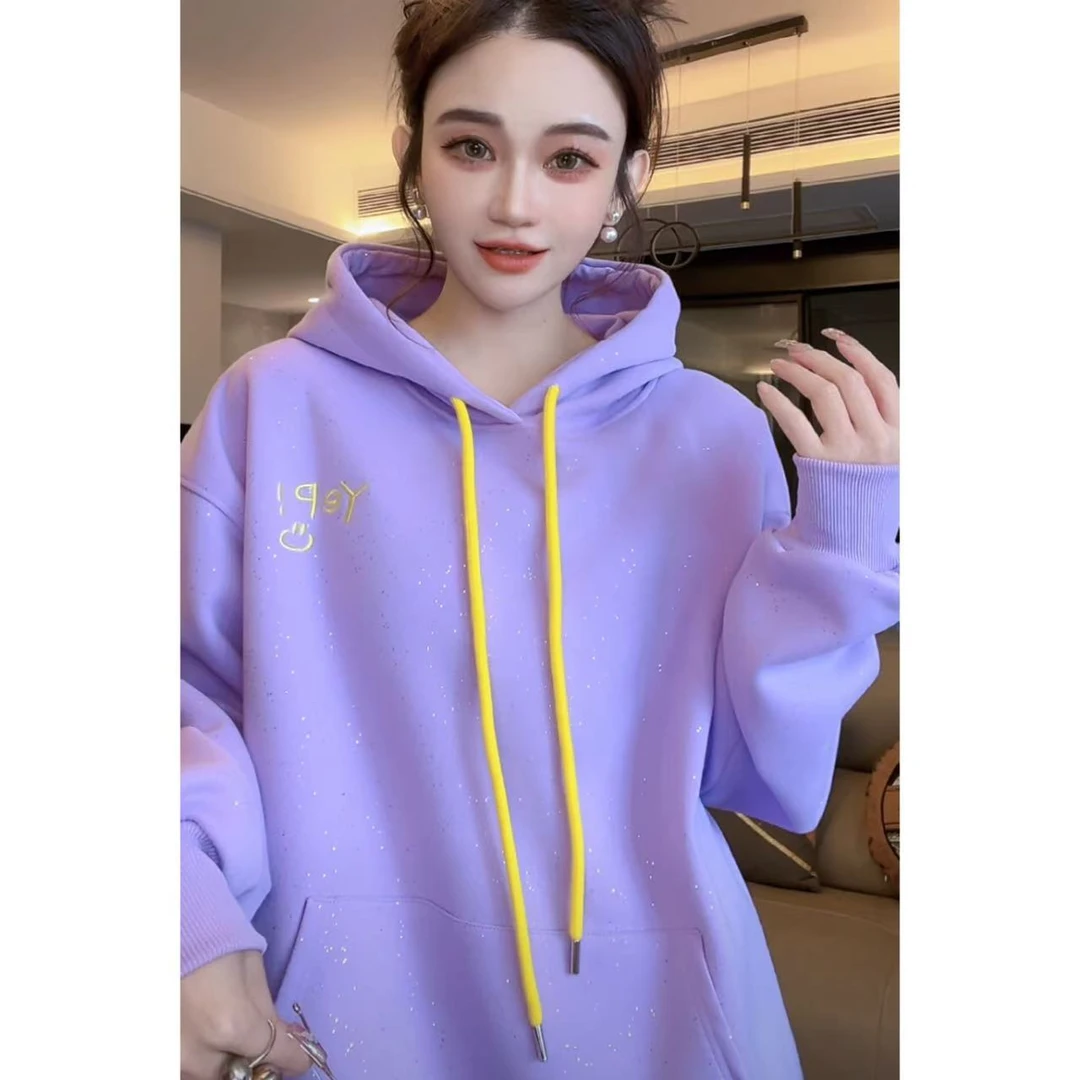 冬季新款加绒加厚连帽宽松套头刺绣卫衣2024亮闪闪卫衣1054