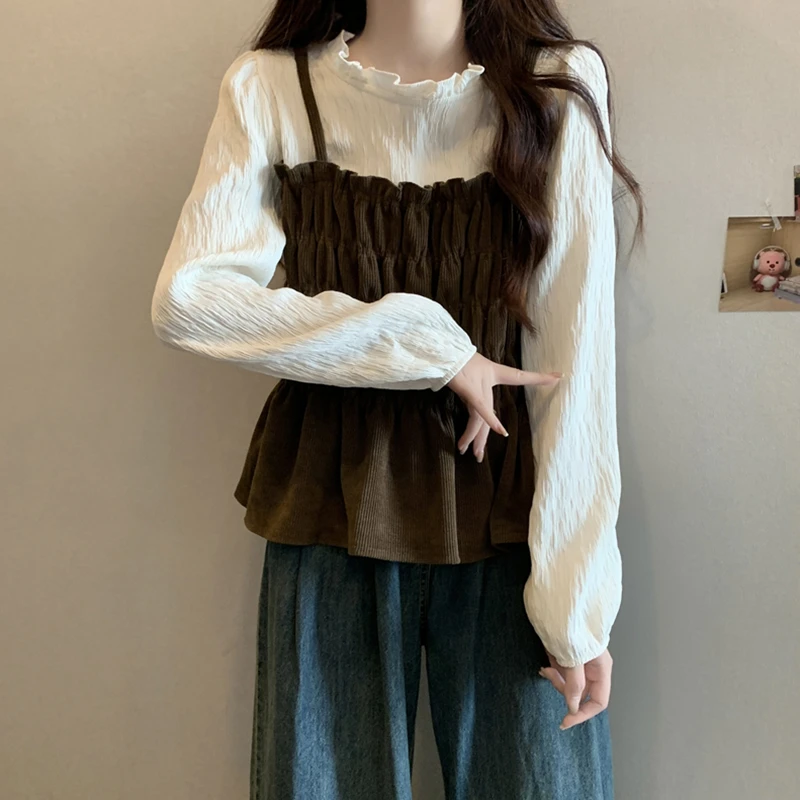 大码女装法式灯芯绒拼接假两件衬衫春季胖妹妹遮肚显瘦荷叶边上衣
