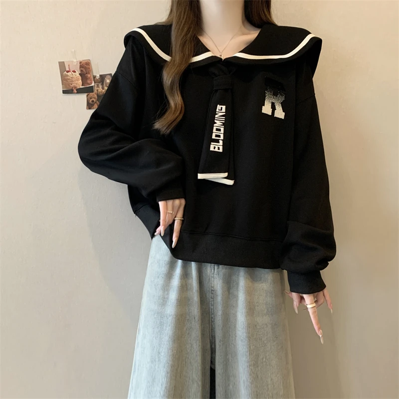 大码女装学院风海军领长袖卫衣女秋冬胖妹妹遮肚显瘦减龄百搭上衣