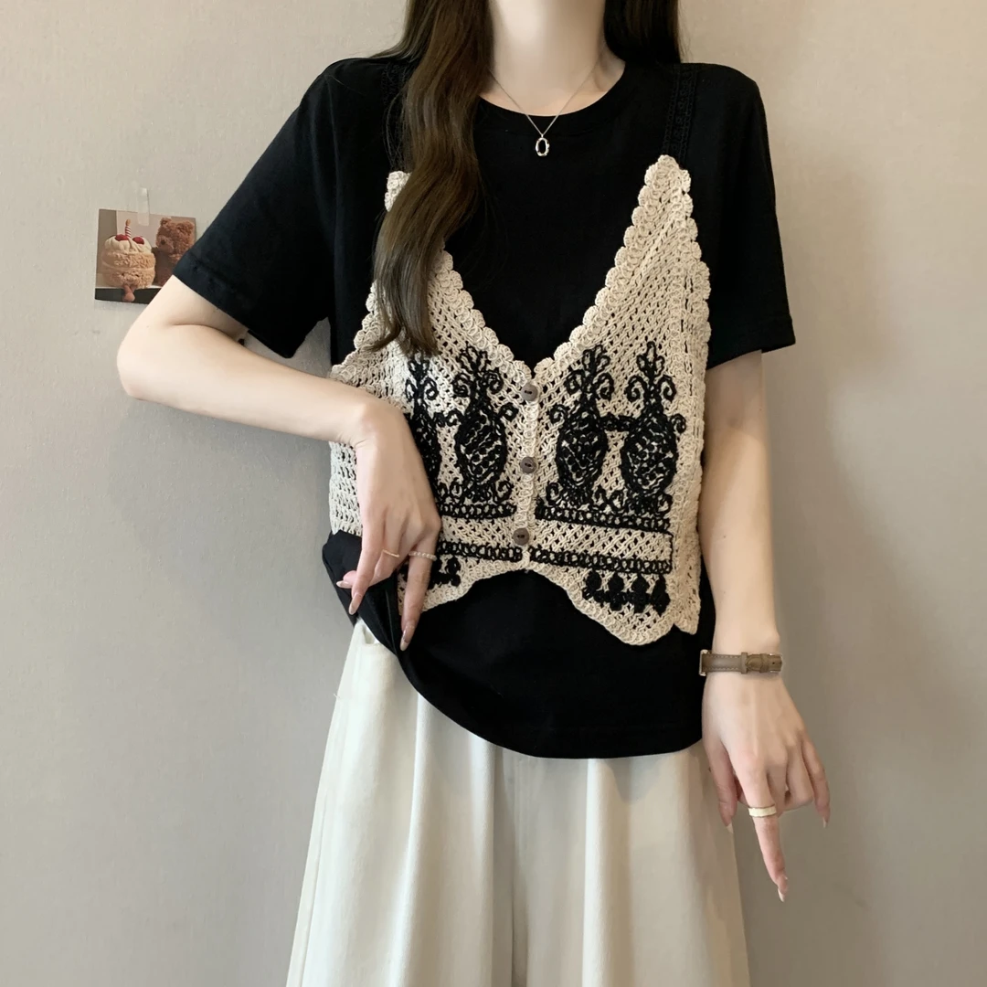 大码女装勾花拼接假两件短袖t恤女夏季胖mm显瘦遮肉减龄百搭上衣