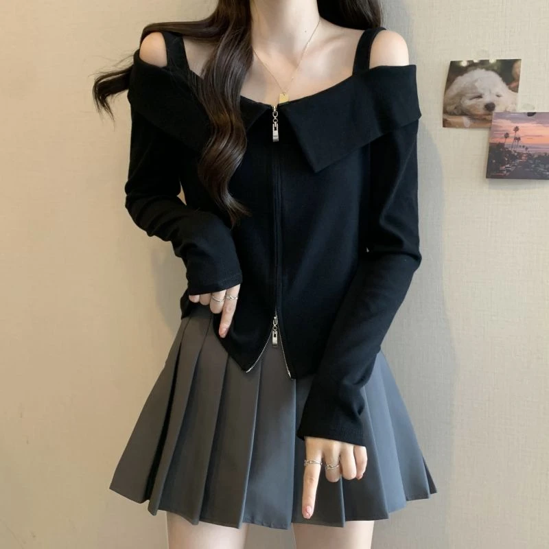 大码女装露肩一字肩双拉链长袖打底衫春秋胖妹妹遮肚显瘦百搭上衣