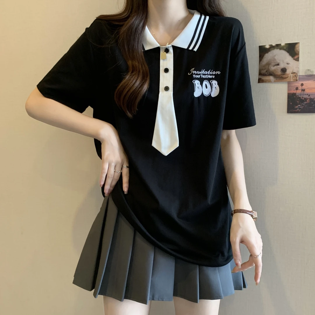 大码女装遮肚子撞色学院风POLO领短袖T恤夏季胖妹妹显瘦百搭上衣