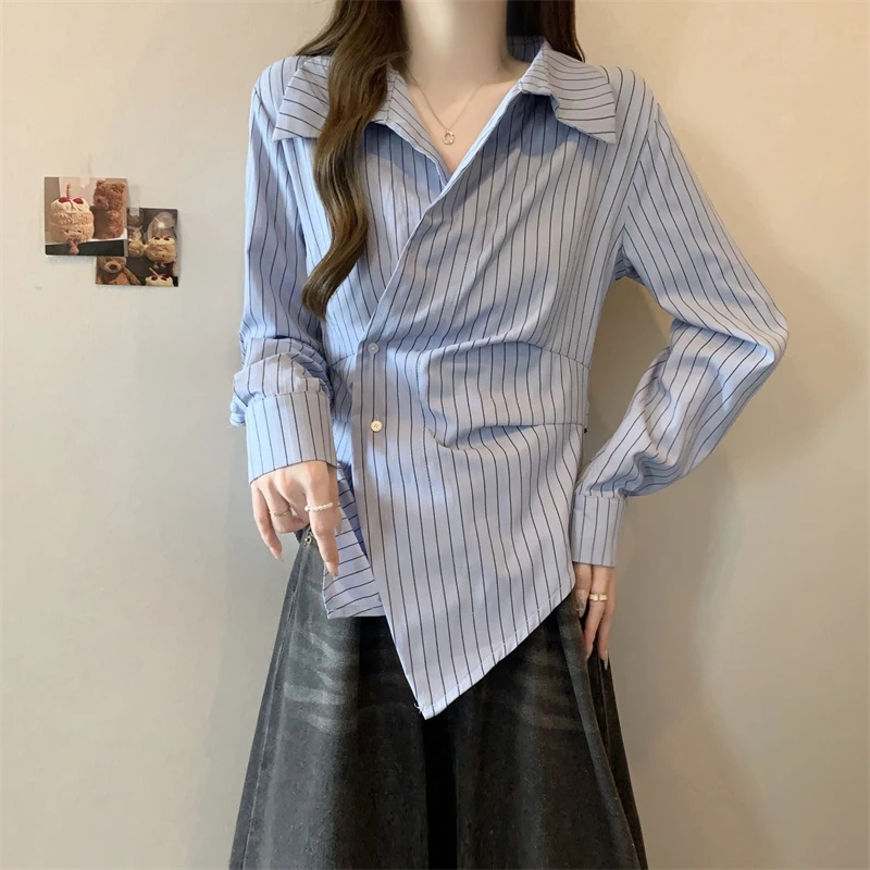 大码女装韩版不规则气质减龄条纹长袖衬衫早秋胖妹妹显瘦百搭上衣