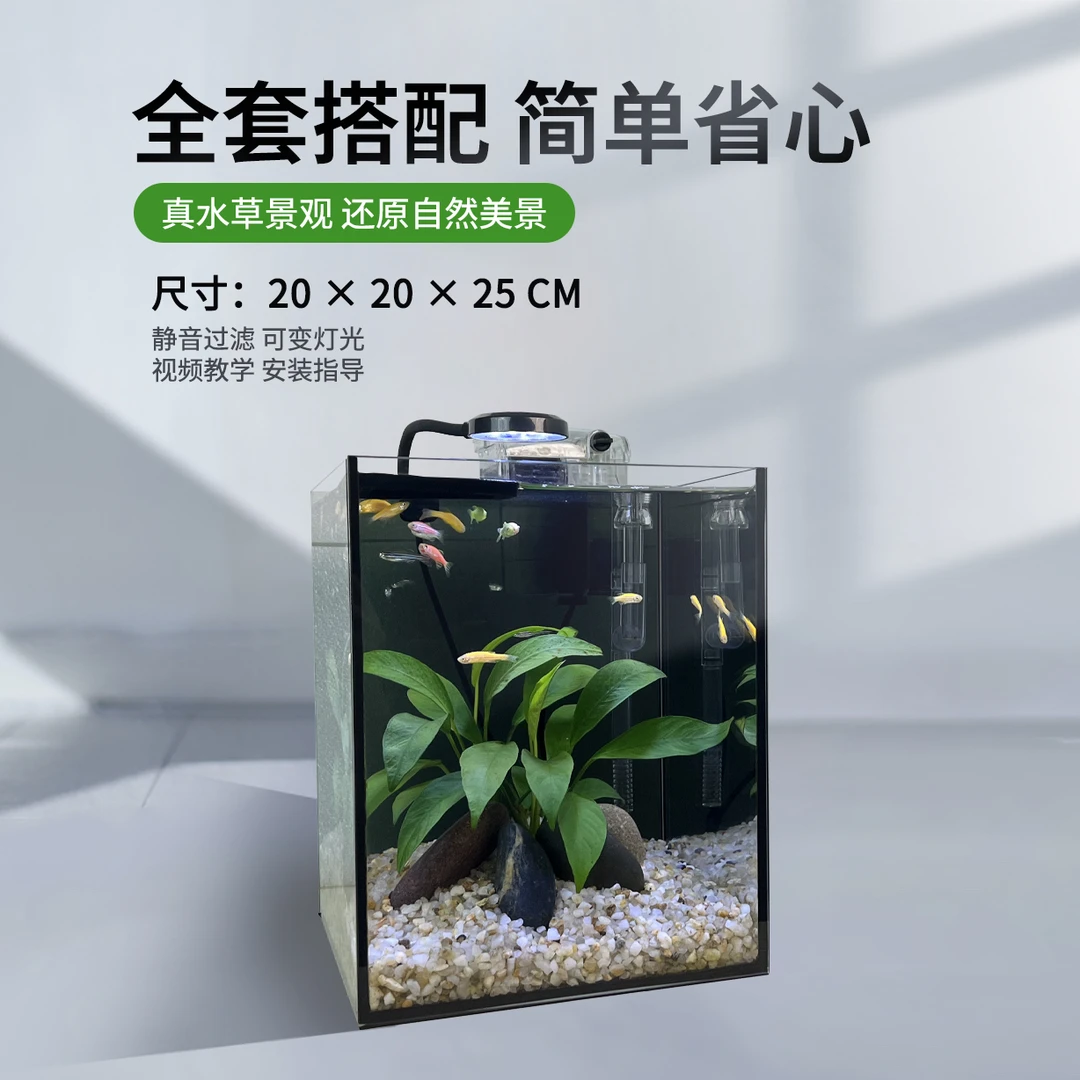 【金晶超白鱼缸】 20×20×25CM加厚至5毫米桌面生态鱼缸简约专业造景