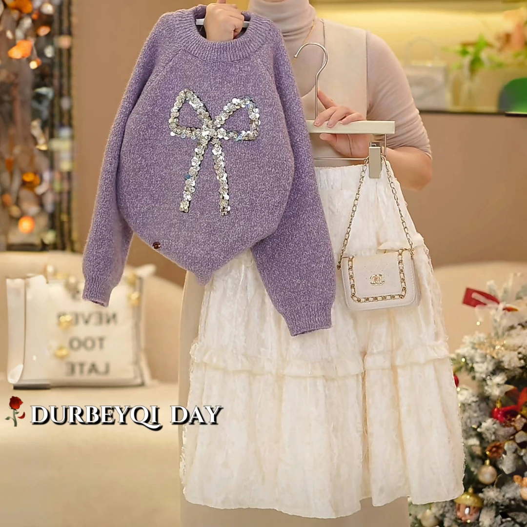 DURBEYQI/朵贝奇女童2025冬季亮片蝴蝶结毛衣百搭仙女裙套装5065