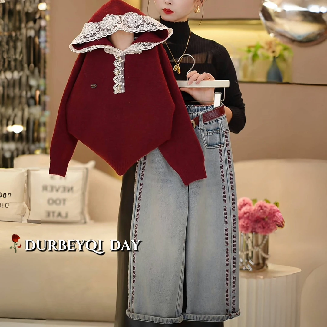 DURBEYQI/朵贝奇女童2024冬季复古花边连帽毛衣牛仔裤套装5044