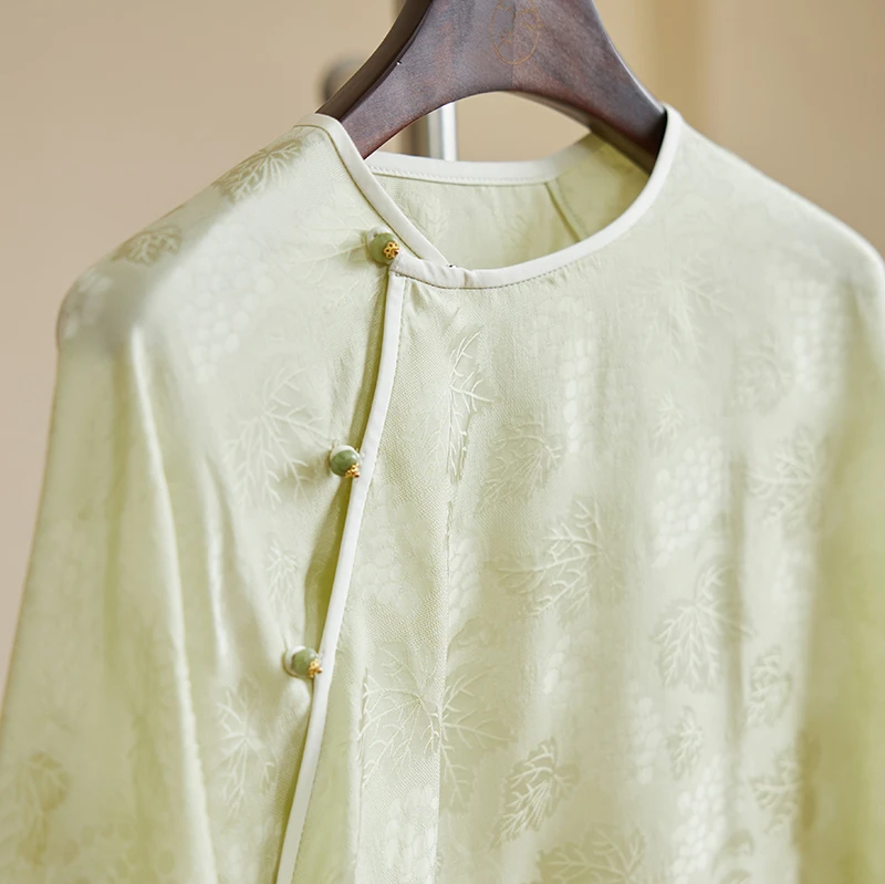 清扬婉兮 新中式国风款真丝花罗斜襟上衣宽松休闲禅意茶服衬衫女
