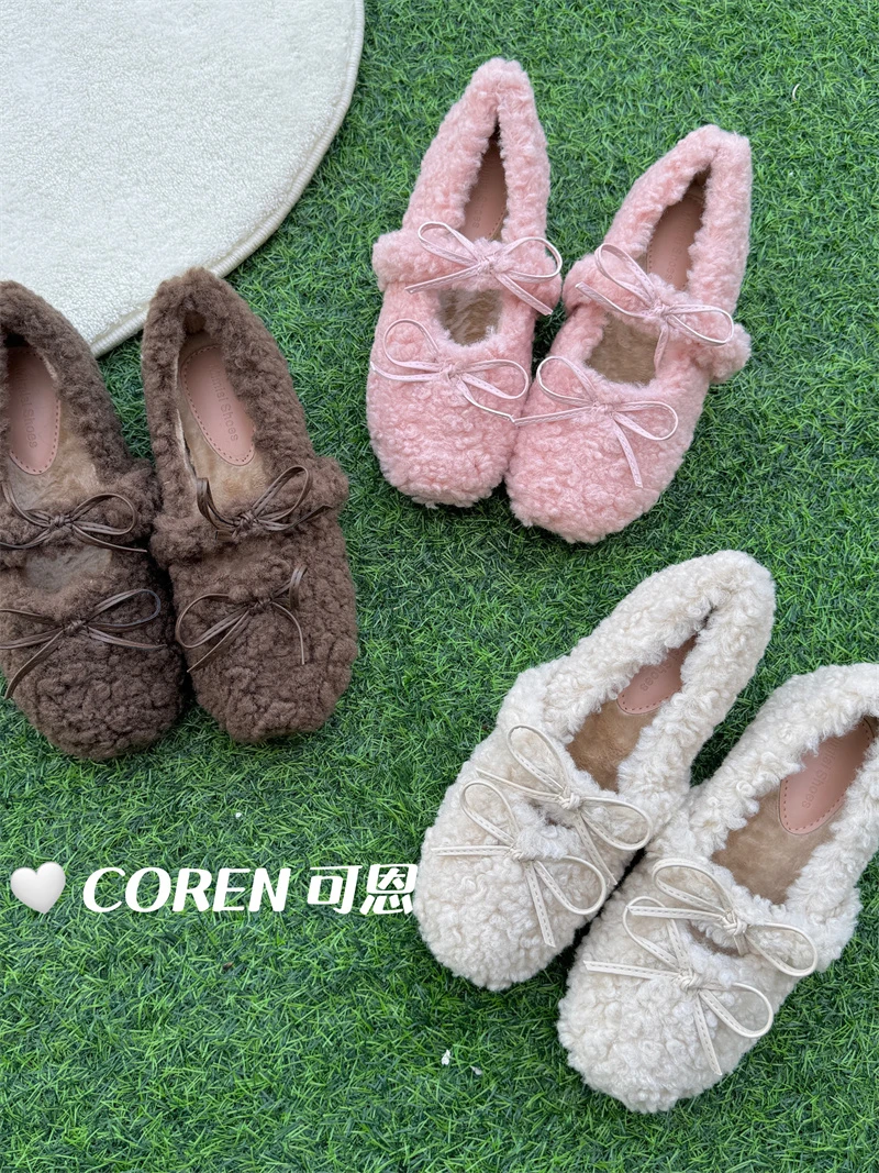 韩国ins甜美毛毛鞋女外穿秋冬季加绒豆豆鞋浅口内增高单鞋厚底