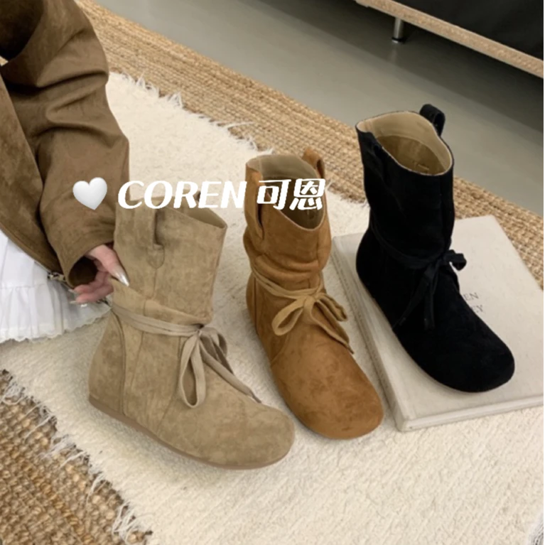 2024年秋冬新款复古圆头内增高褶皱堆堆靴短靴绑带马丁靴勃肯靴女