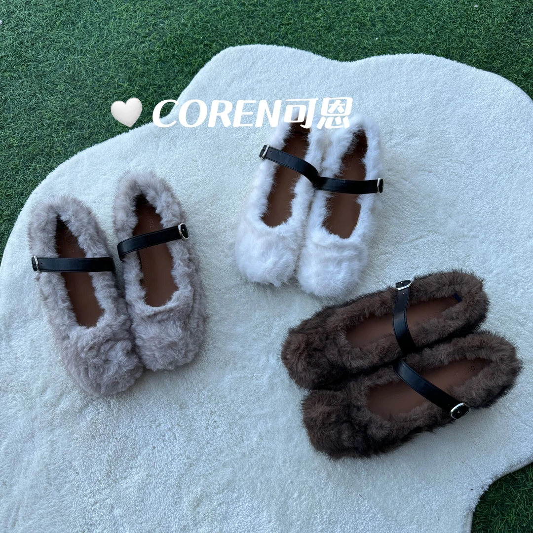 韩国新款秋冬配裙子软底棉鞋子复古内增高一字扣毛毛单鞋女百搭