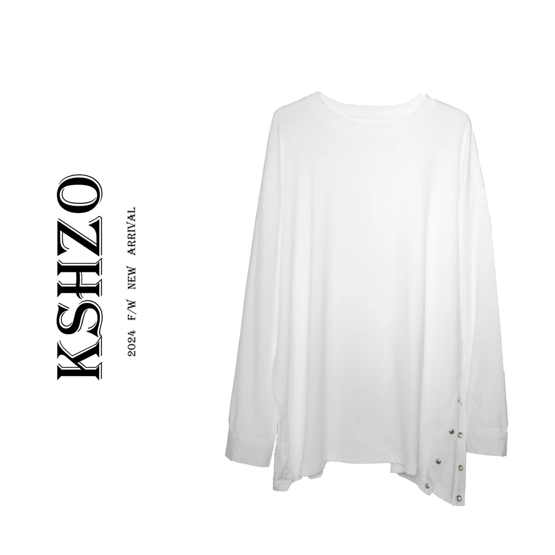 【卟啉卟啉】2024秋新款时尚简约开叉设计长袖圆领纯色T恤2321