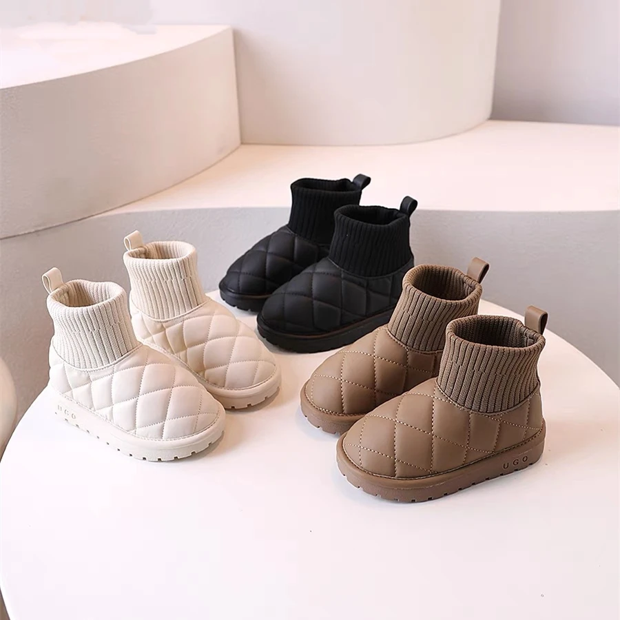 ABC儿童韩版雪地靴洋派连袜短靴2024年冬季新款男女童保暖大棉鞋