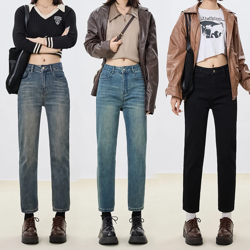 复古高腰直筒牛仔裤女小个子秋季加绒加厚做旧显瘦弹力九分烟管裤