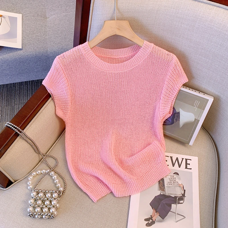 冰丝感镂空薄款粉色短袖t恤夏季背心新款小个子正肩短款针织上衣