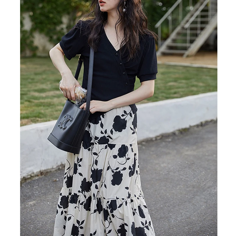 薄款不规则短袖T恤碎花半身裙两件套女夏季新款韩版气质时尚套装