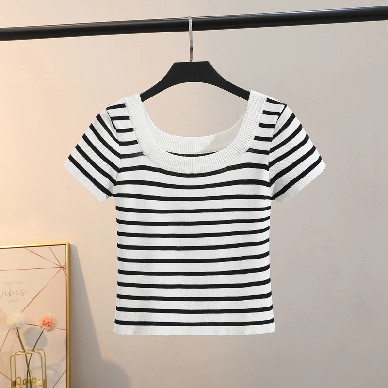 背心新款黑白条纹短袖T恤女露锁骨学院风小个子冰丝套头U领打底衫