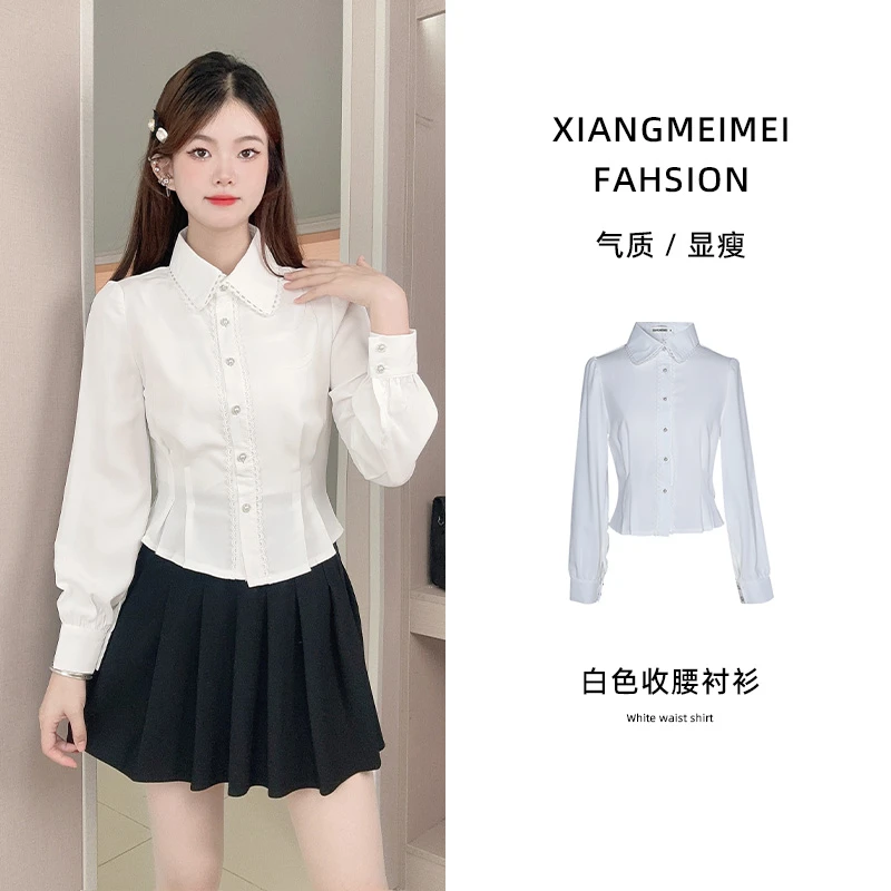 百搭气质韩版纯色秋季显瘦长袖衬衫上衣白色衬衣设计感白衬衫小众