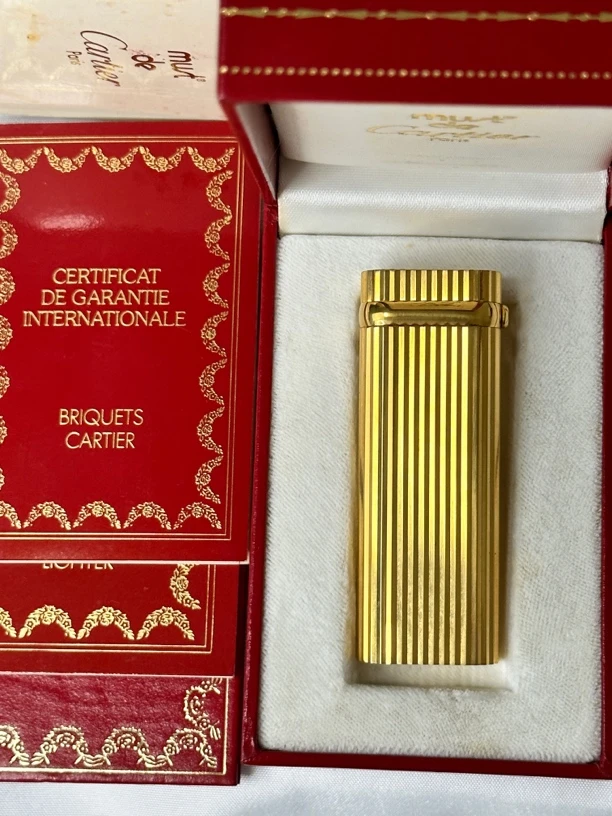 卡地亚二代纯铜镀金竖条纹带钻气体打火机（库新大全套）