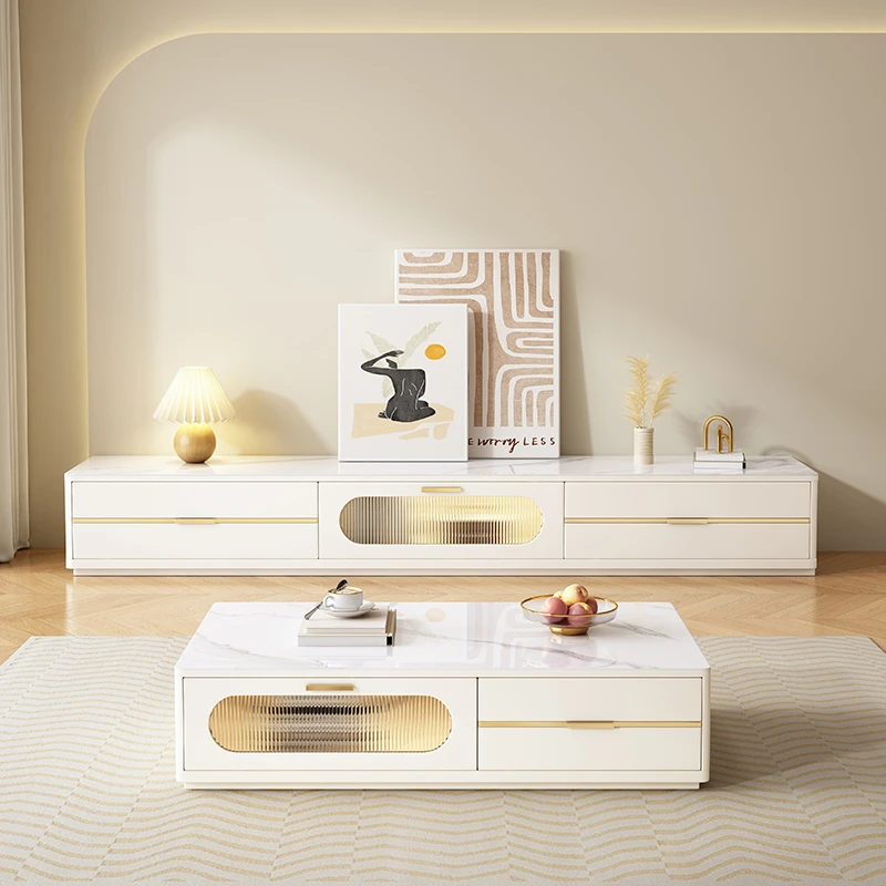 简约现代电视柜茶几组合奶油风落地实木白色圆角电视机柜北欧地柜