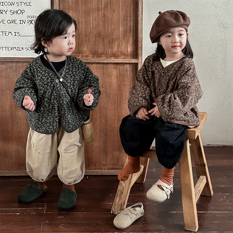 春秋森系韩版磨毛口袋拼接灯笼裤中小童男女宝百搭九分休闲裤