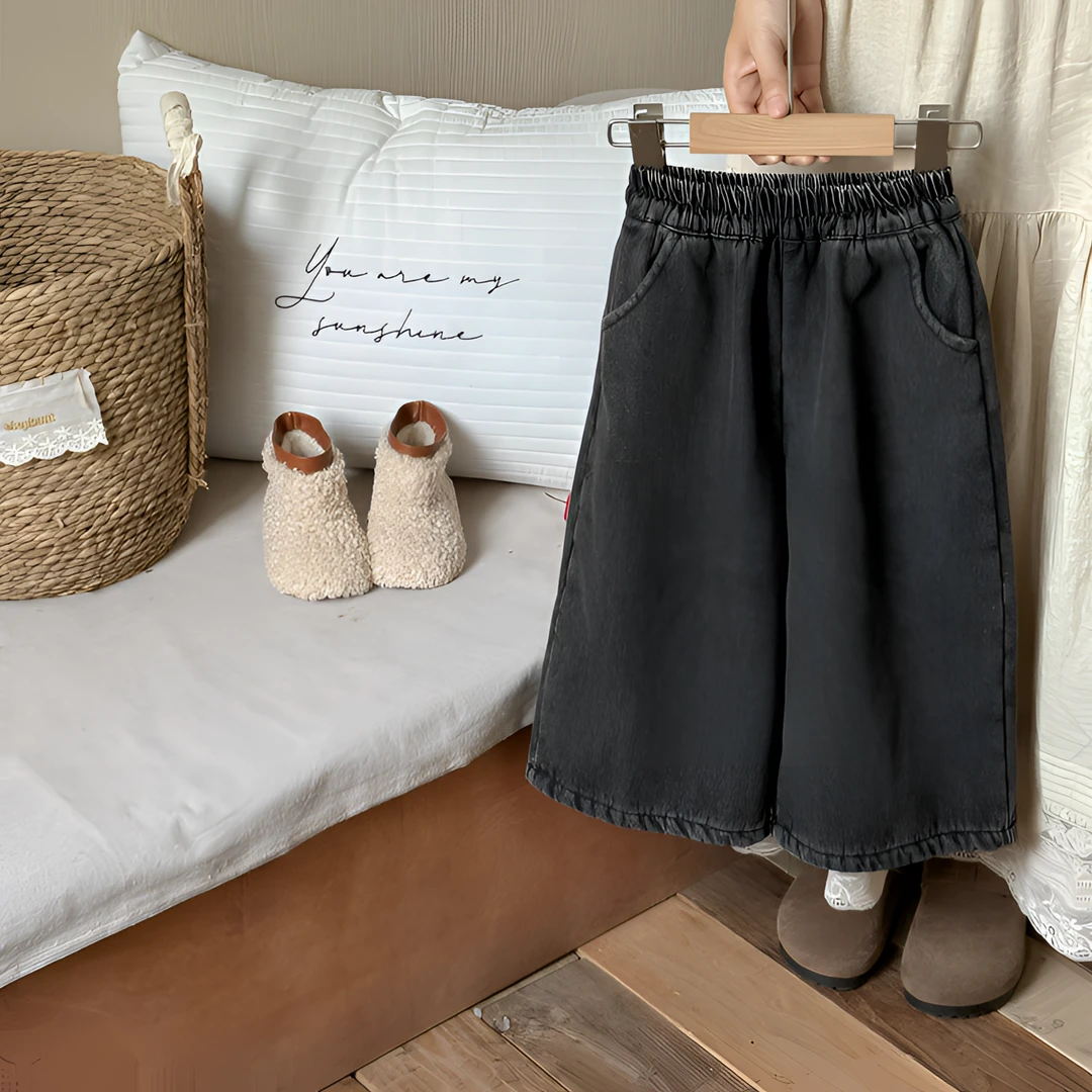 秋冬季韩版一体绒加厚宽松女童牛仔裤水洗复古百搭洋气阔腿裤