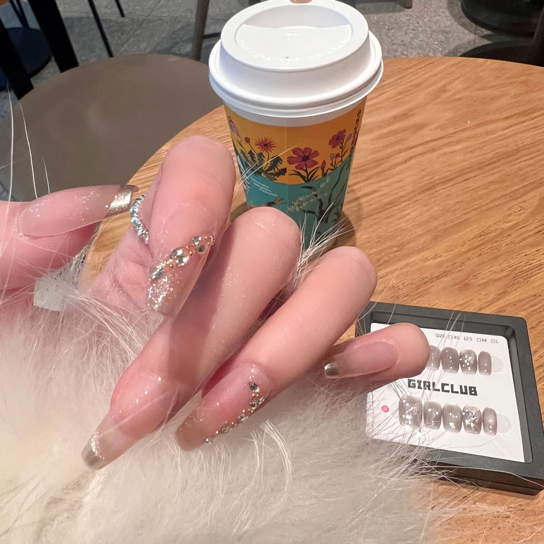 【秋奢】纯手工定制美甲可拆卸穿戴甲穿戴甲冰透极光钻裸色穿戴式