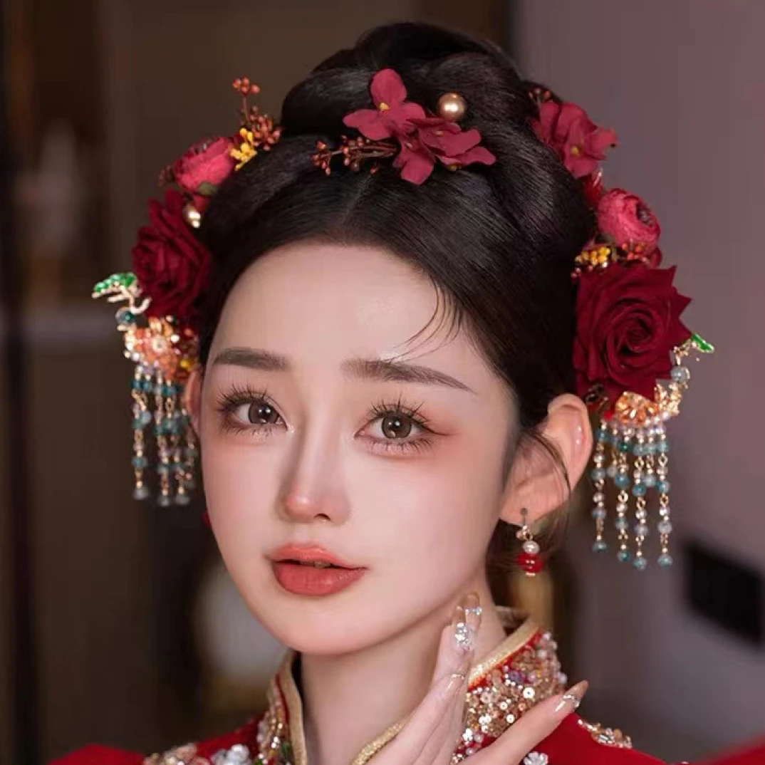 SG373新中式头饰头饰结婚秀禾头饰红色婚礼复古玫瑰花发饰婚礼