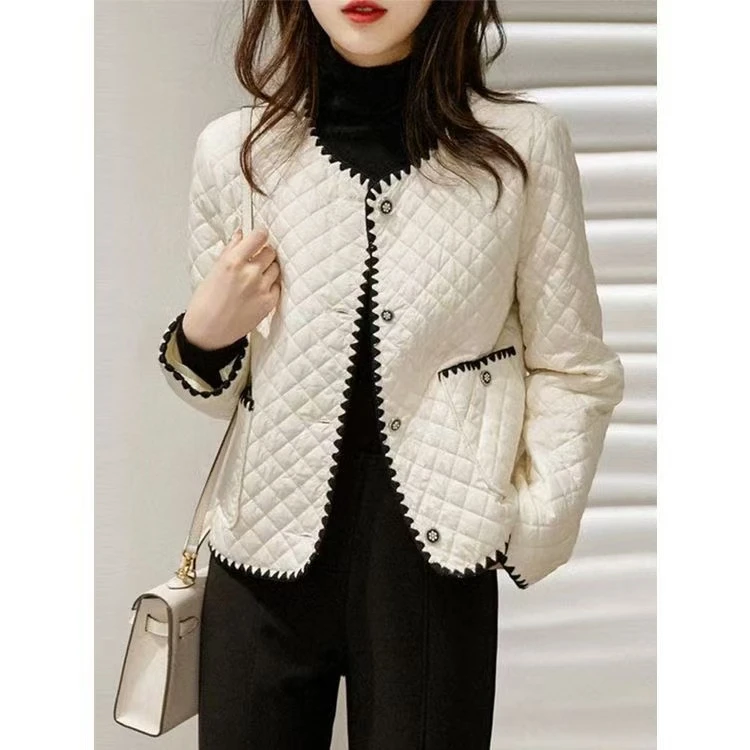 【主播推荐】2024时尚格纹短款棉服女外套秋冬季新款小香风无领外套