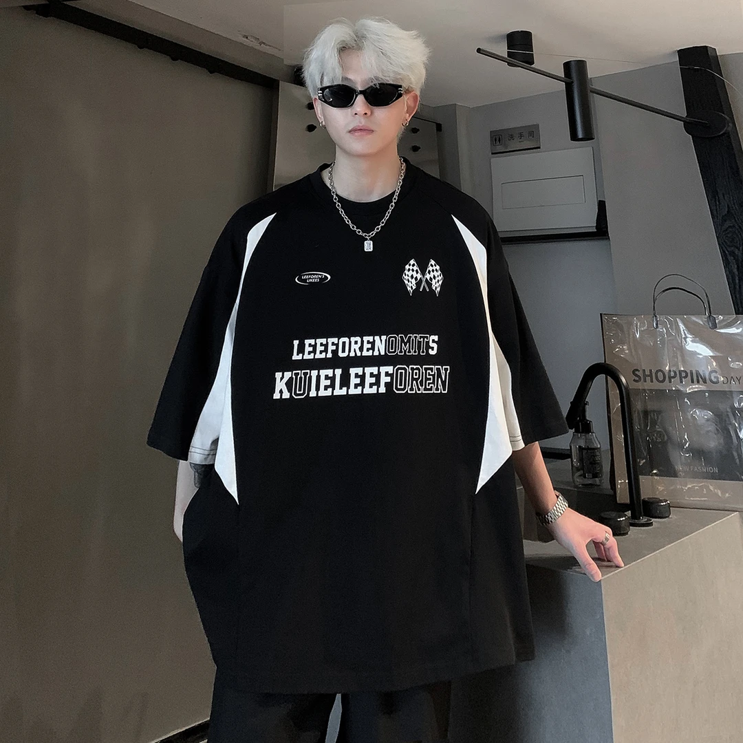 美式复古机车短袖t恤男夏季高街痞帅重磅纯棉拼色宽松半截袖体恤