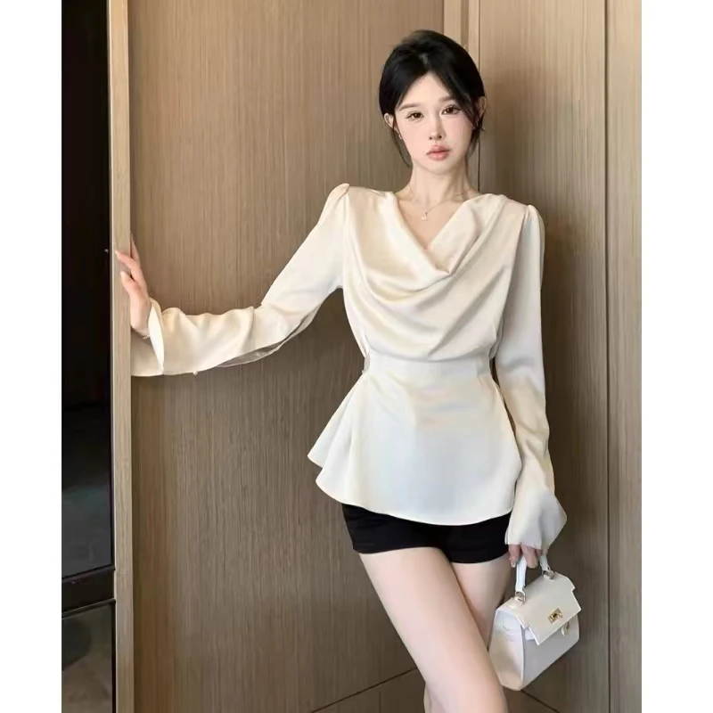 【工厂清货】气质高级感衬衫女气质荡领系带设计轻熟法式上衣833