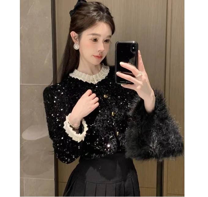 【孤品微瑕介意慎拍】亮片丝绒长袖衬衫设计感排扣荷叶边上衣9888#