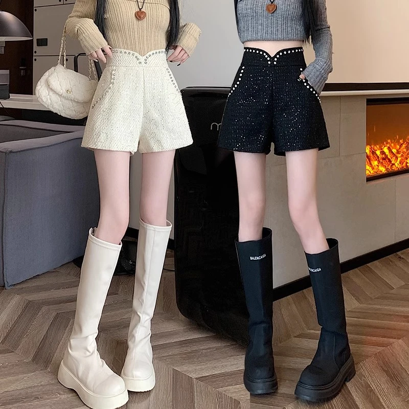 粗花毛呢短裤女2024新款春秋冬高腰亮片外穿a字阔腿休闲靴裤8627