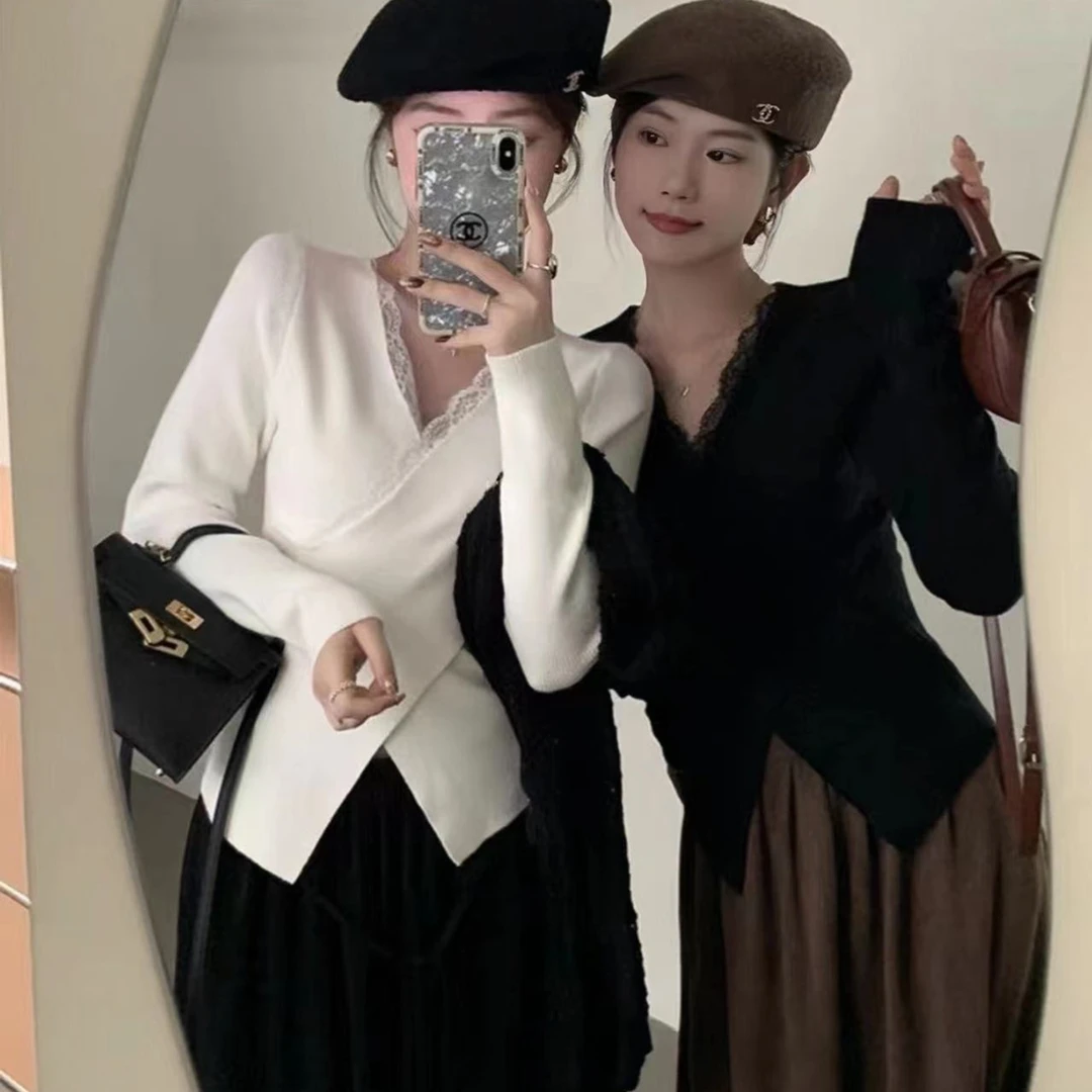 【孤品微瑕介意慎拍】性感内搭蕾丝交叉v领针织衫修身开叉391#