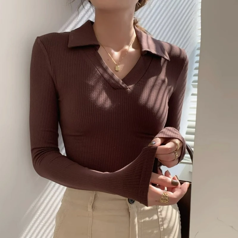 黑色v领polot恤女2024新款纯欲风韩版长袖修身显瘦打底衫翻领上衣