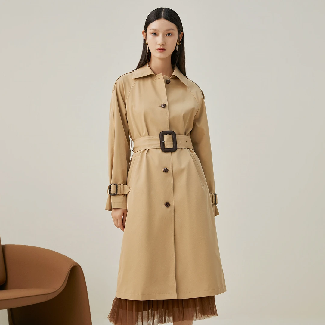 气质简约通勤风衣秋季时尚百搭翻领腰带设计长款外套431390-91749