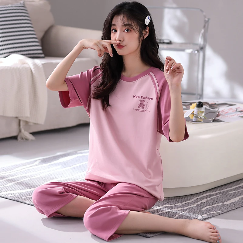 BQ85108*【带胸垫】女款短袖七分裤套装 女棉两件套睡衣 家居服