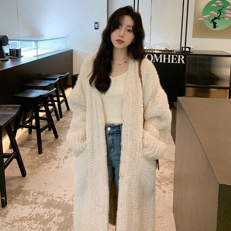 2023秋冬新款皮草外套女编织v领仿水貂绒皮毛一体中长款毛绒大衣